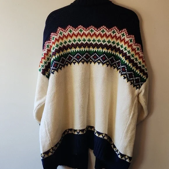 American Eagle Fair Isle Cardigan Chunky Knit Cream Navy Pockets, Size Xxl - Picture 9 of 12